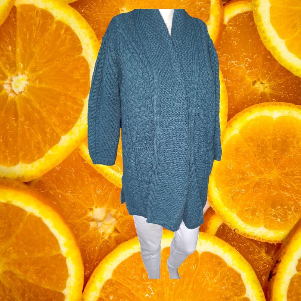 Aran Crafts Blue Cable Knit Merino Wool Sweater with 3/4 Sleeve‎ Size Small